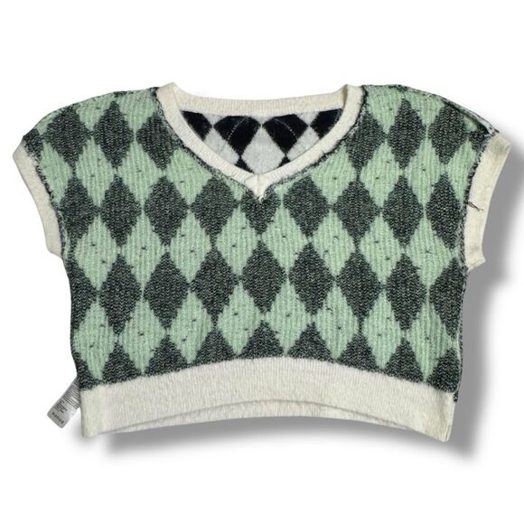 Free People Through the Motions Argyle Short Sleeve Sweater Size Medium - Picture 3 of 6